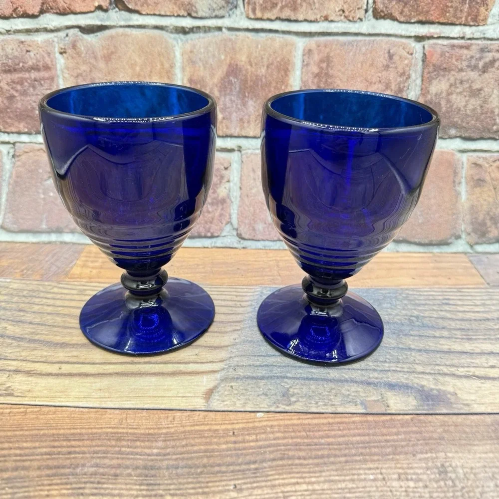 2 Cobalt Blue Penny Line Paden City Low Water Goblets Depression Era 1930s Pair